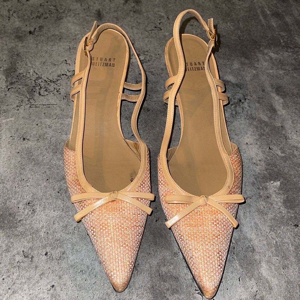 STUART WEITZMAN AUTH Women's Leather and Tweed Slingback kitten heel